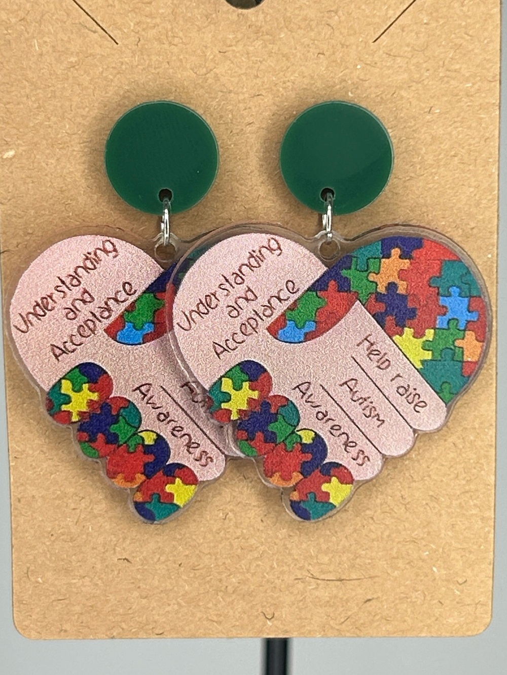 Autism Awareness Puzzle Heart Dangle Earrings - Green Stud Fashion Jewelry